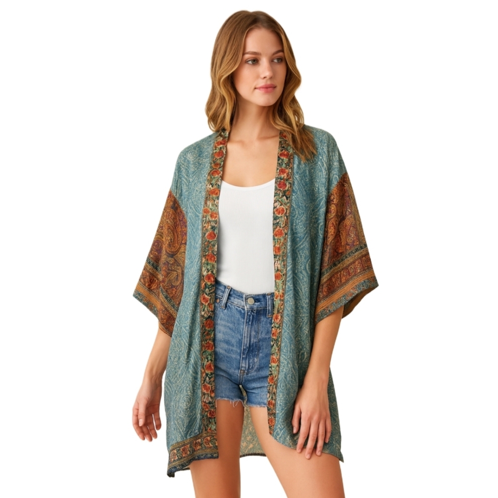 Monisquis Spain Silk Blend Paisley  Bohoemin Kimono Robe